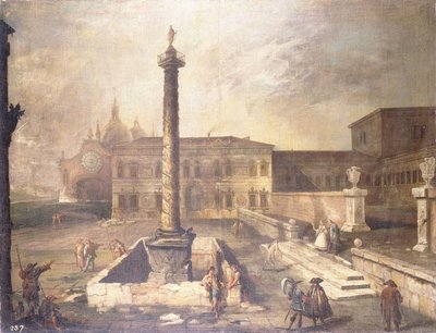 Ein Capriccio eines Platzes vor einem Palast mit der Säule des Marcus Aurelius von Giovanni Antonio Canal