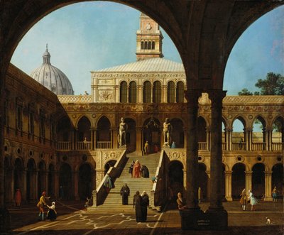 Canaletto - Capriccio-Ansicht des Innenhofs des Palazzo Ducale mit der Scala dei Giganti, signiert und datiert 1744 von Canaletto