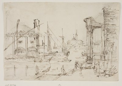 Capriccio mit klassischen Ruinen an einem Kai, einem Bootshaus, zwei Galeeren, zwei Masten eines Segelschiffs dahinter, eine Kuppelkirche im Hintergrund von Canaletto