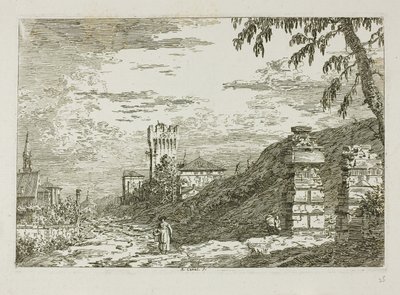 Landschaft mit Turm und zwei zerstörten Säulen, aus Vedute von Canaletto