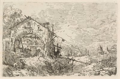 Landschaft mit einer Frau an einem Brunnen von Canaletto