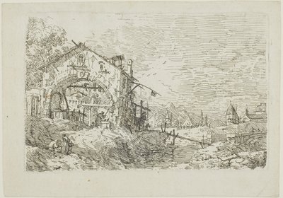 Landschaft mit einer Frau an einem Brunnen, aus Vedute von Canaletto