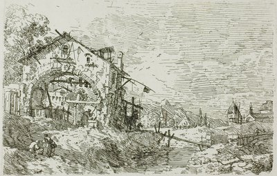 Landschaft mit einer Frau an einem Brunnen, aus Vedute von Canaletto