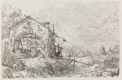 Landschaft mit einer Frau an einem Brunnen von Canaletto
