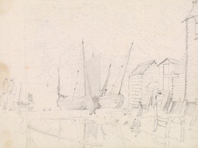 Skizze von gestrandeten Segelbooten und Stelzenhäusern, Hastings von Capt. Thomas Hastings