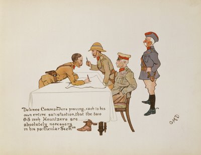 Verteidigungskommandanten beweisen, dass die beiden 6,3-Zoll-Haubitzen in seinem speziellen Abschnitt absolut notwendig sind, aus The Leaguer of Ladysmith, 1900 von Captain Clive Dixon