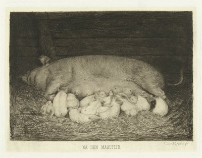 Sau mit Ferkeln liegend im Stall von Carel Lodewijk Dake