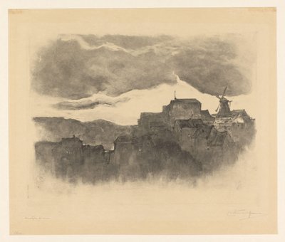 Stadt mit Mühle auf einem Hügel von Carel Nicolaas Storm van 