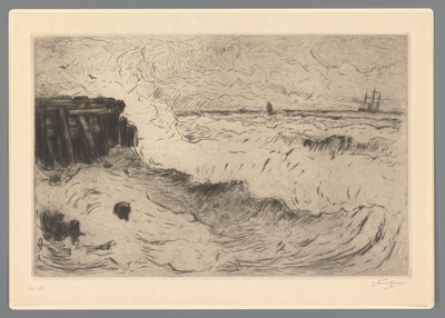 Wilde See mit einem Segelschiff bei einem Pier von Carel Nicolaas Storm van 