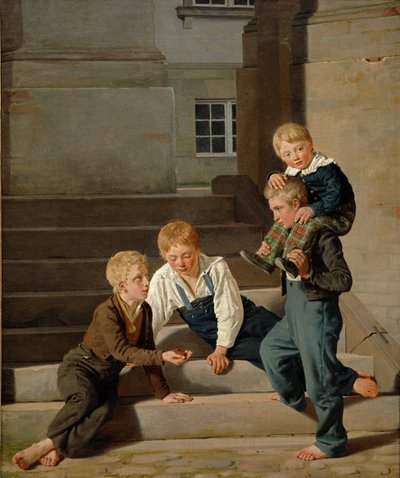 Jungen spielen Würfel vor Schloss Christiansborg, Kopenhagen, 1834 von Carl Christian Constantin Hansen