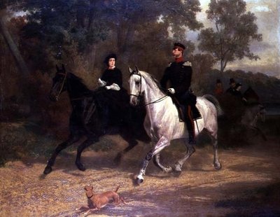 Eine Dame und ein Offizier, möglicherweise Kronprinz und Kronprinzessin von Preußen, reiten in einem Park von Carl Constantin Steffeck