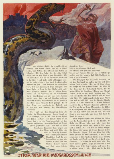 Thor kämpft gegen die Midgardschlange in der Schlacht von Ragnarok von Carl Emil Doepler