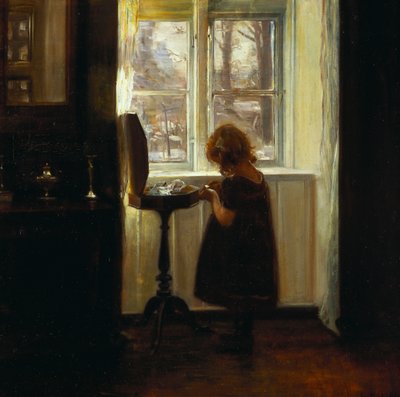 Ein Mädchen, das an einem Nähtisch steht von Carl Holsoe