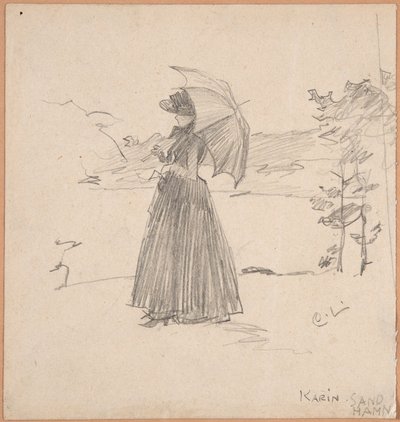Frau mit Sonnenschirm von Carl Larsson