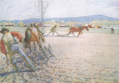 Die beiden Männer mit ihren Eggen arbeiteten methodisch hin und her von Carl Larsson