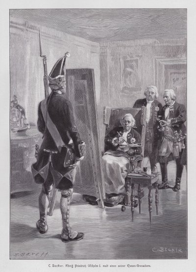 König Friedrich Wilhelm I. von Preußen malt einen Grenadier seiner Potsdamer Riesengarde (Größengarde von Potsdam) (Gravur) von Carl Ludwig Friedrich (after) Becker