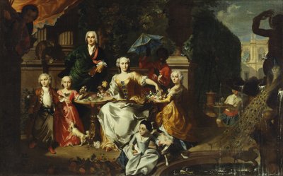 Eine Familiengruppe auf einer Terrasse im Garten einer Villa, möglicherweise George Jackson und seine Familie, 1737 von Carl Marcus Tuscher