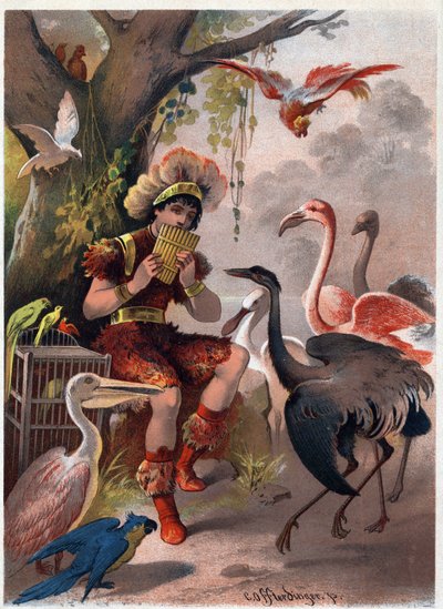 Papageno mit einer Panflöte bringt die Vögel aus dem Wald. Illustration von Carl Offterdinger in „Die Zauberflöte“. Private Sammlung von Carl Offterdinger