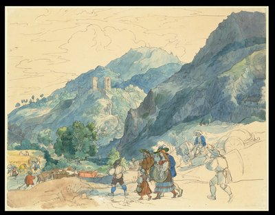 Landschaft bei Innsbruck mit den Ruinen von Fragenstein und Landvolk, das nach Hause zurückkehrt und auf den Feldern arbeitet von Carl Philipp Fohr