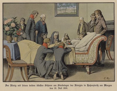 König Friedrich Wilhelm III. von Preußen und seine beiden ältesten Söhne am Sterbebett von Königin Luise am Morgen des 19. Juli 1810 von Carl Röchling