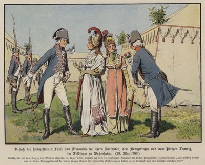 Prinzessinnen Louise und Frederica von Mecklenburg-Strelitz besuchen ihre Verlobten, Kronprinz Friedrich Wilhelm von Preußen und Prinz Ludwig von Hannover im Militärlager von Bodenheim, 20. Mai 1793 von Carl Röchling