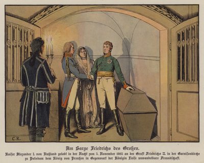 Zar Alexander I. von Russland besucht das Grab von Friedrich dem Großen in Potsdam mit König Friedrich Wilhelm III. und Königin Louise von Preußen und schwört seine unerschütterliche Freundschaft, 5. November 1805 (Farblithografie) von Carl Röchling