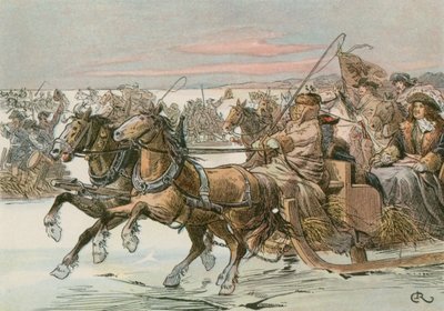 Friedrich Wilhelm, der Große Kurfürst (1620-1688), überquert die Kurische Nehrung mit einem Schlitten in einem Feldzug gegen die Schweden im Jahr 1678 von Carl Rohling