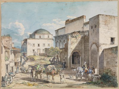 Straßenszene in Athen. Mit dem Palast von Hadji Hazekis und der Tzistarakis-Moschee von Carl Wilhelm Heideck