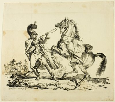Kürassier zu Fuß, der sein steigendes Pferd zurückhält von Carle Vernet