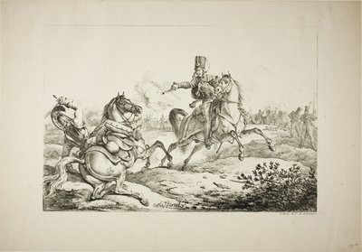 Husar, der seine Pistole auf einen deutschen Dragoner abfeuert von Carle Vernet
