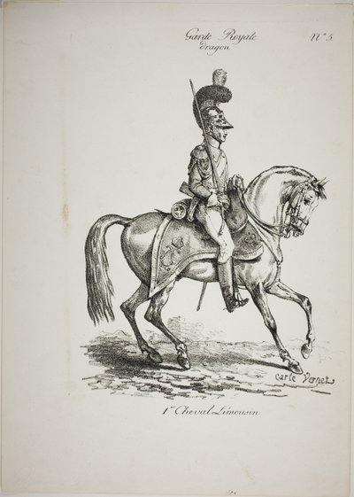 Königliche Garde, normannischer berittener Dragoner und Pferd, Nr. 5, erstes Limoges-Pferd von Carle Vernet
