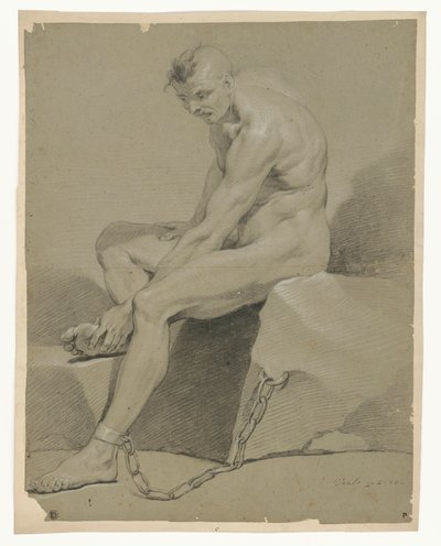 Aktstudie eines sitzenden Gefangenen, an einen Felsen gekettet von Carle van Loo