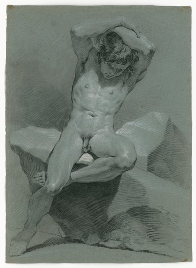 Aktstudie eines sitzenden Mannes, die Arme über dem Kopf verschränkt von Carle van Loo