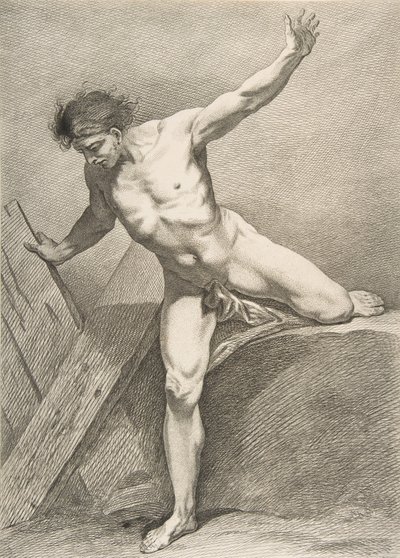 Ein Académie: Schreiten Mann, der sich auf ein Brett stützt, 1742-43 von Carle van Loo