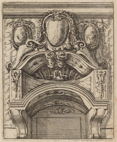 Architektonisches Motiv mit drei Schilden, zwei mit Figuren von Carlo Antonio Buffagnotti