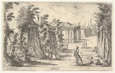 Ansicht mit einem Mann im Turban und einem Löwen rechts, Zelte und klassische Architektur, 1680-1710 von Carlo Antonio Buffagnotti
