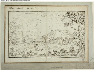Ländliche Kreuzung mit Bauerngebäuden im Vordergrund von Carlo Antonio Tavella
