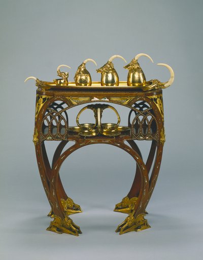 Tablett mit Sahnekännchen, Zuckerdose, Teekanne, Heißwasserkessel und Serviertablett von Carlo Bugatti