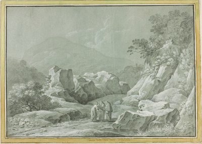 Zwei Mönche geben einer Frau und einem Kind Wasser in der Wildnis von Carlo Labruzzi