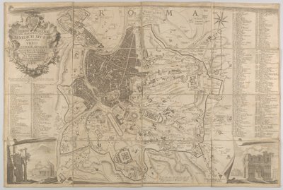 Plan des antiken Rom mit einer Ansicht des Pantheon unten links und einem Triumphbogen unten rechts, 1748 von Carlo Nolli