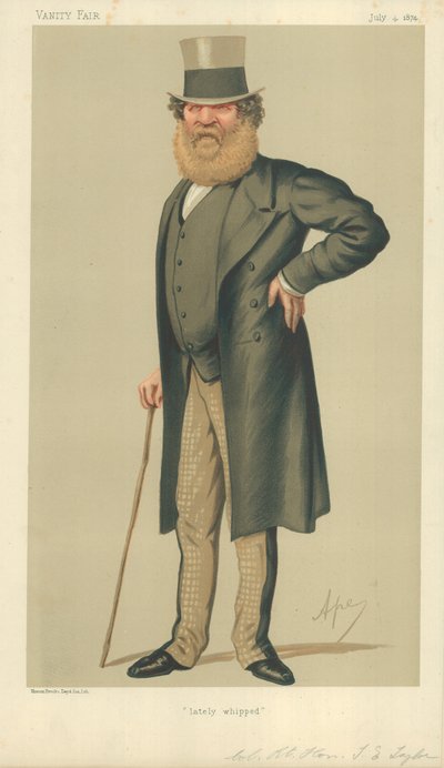 Colonel The Right Hon Thomas Edward Taylor, kürzlich ausgepeitscht, 4. Juli 1874, Vanity Fair Karikatur von Carlo Pellegrini