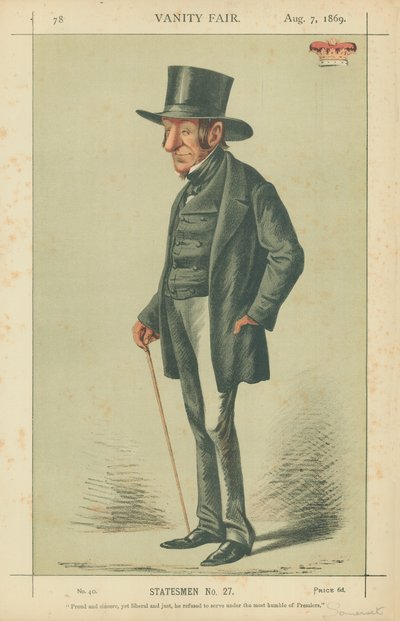 Der Herzog von Somerset, stolz und aufrichtig, aber liberal und gerecht, weigerte sich, unter diesem demütigsten aller Premierminister zu dienen, 7. August 1869, Vanity Fair Karikatur von Carlo Pellegrini