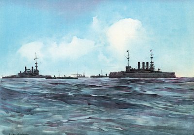 Die Indiana und New York flankiert und bewacht von Torpedobooten und Kreuzern von Carlton Theodore Chapman