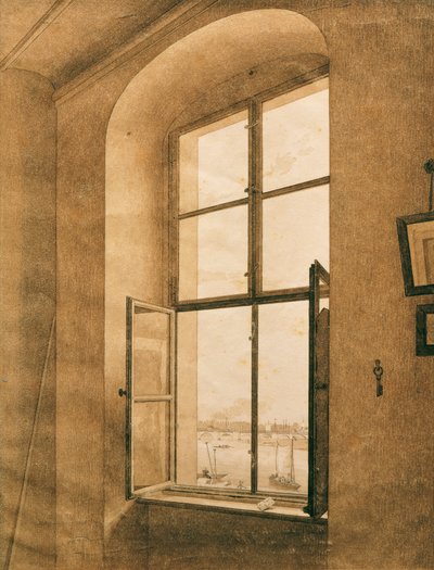 Blick aus dem Atelier des Künstlers in Dresden auf die Elbe (linkes Fenster) von Caspar David Friedrich