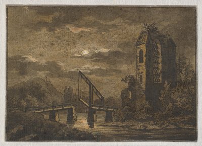 Landschaft mit Klappbrücke und Ruine im Mondschein von Caspar David Friedrich