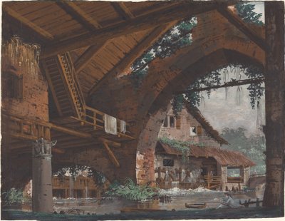 Architektonische Fantasie antiker Ruinen mit Wassermühle von Caspar Wolf