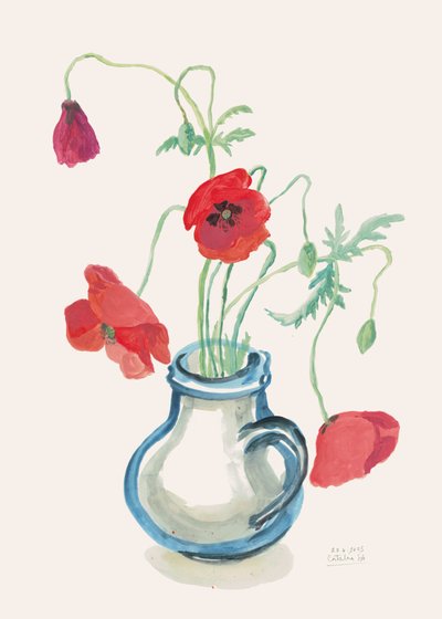 Rote Mohnblumen, blaue Vase von Catalina Somolinos
