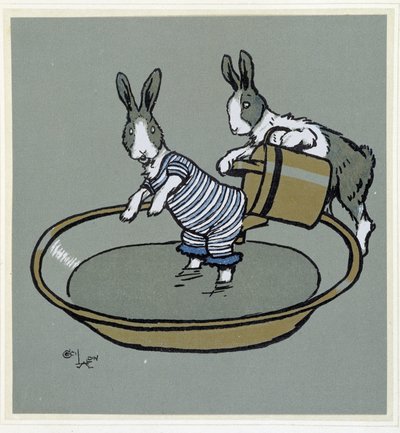 Kaninchen nehmen ein Bad - in „Merry Party“, ill. von Cécil Aldin, ed. Hodder & Stoughton, London von Cecil Charles Windsor Aldin