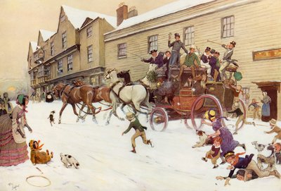 Die Weihnachtskutsche am Bell Inn, Hurley, 1830 von Cecil Charles Windsor Aldin