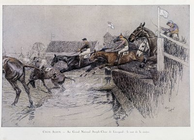 Das Grand National Steeple Chase in Liverpool: Der Sprung über den Fluss - Zeichnung von Cecil Adlin von Cecil Charles Windsor Aldin